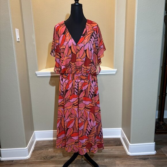 🧡DKNY Red Orange Floral Tropical Flowy Colorful Plunging Neckline Dress Size 14 - Picture 2 of 10